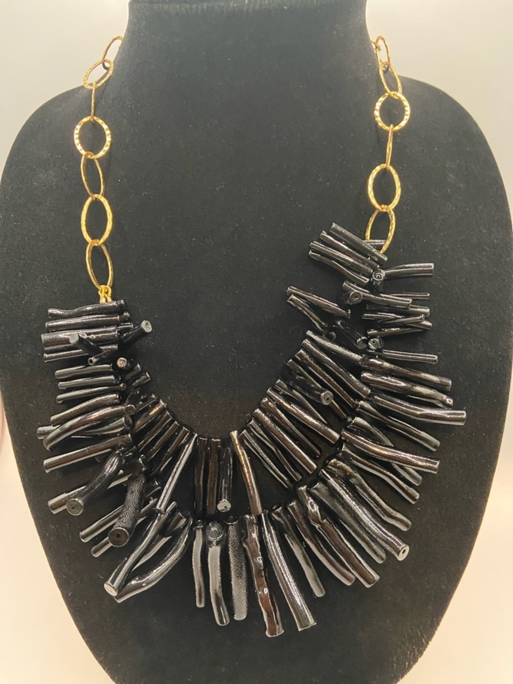 Black Coral Branch Gold Tone Bib Fringe Double Strand Necklace 21”L Bohemian